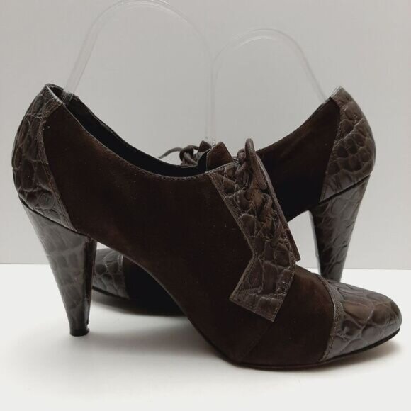 REBECCA BLUE Lace-up High Cone Heels Suede & Patent Leather Shoes Sz 7.5 Eur 38 - Picture 11 of 16